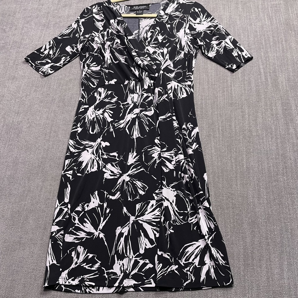 RB Collection New York Black White Floral Wrap Sheath Dress Womens Med. Stretch